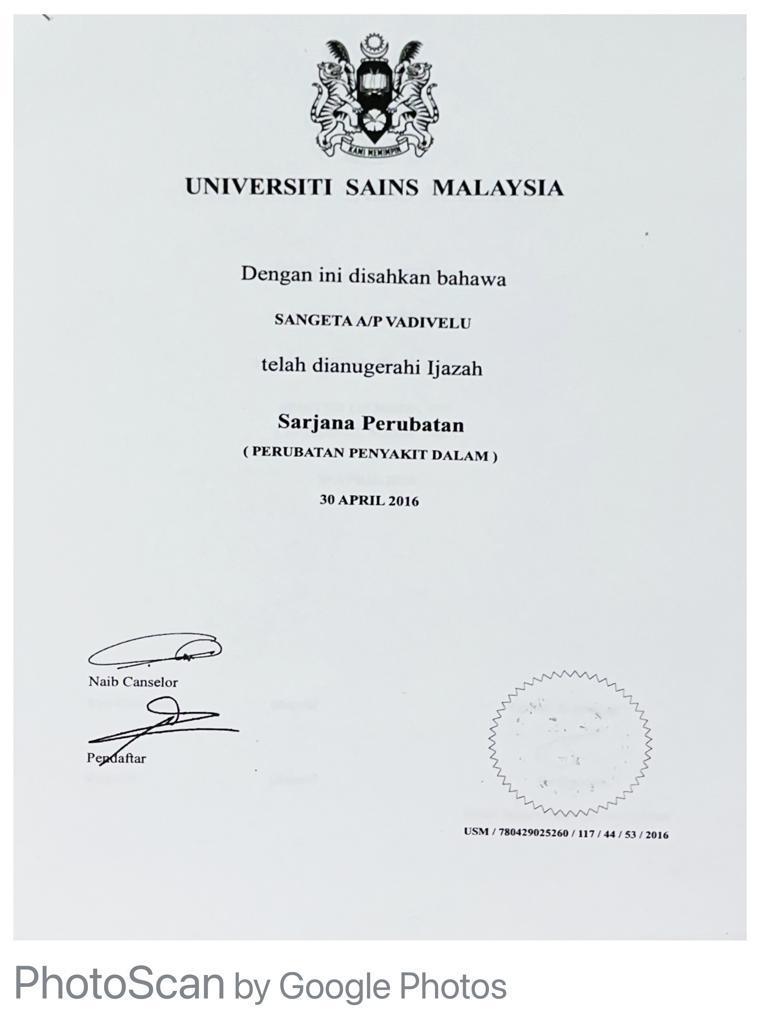 Sangeta Vadivelu certificate from University Sains Malaysia