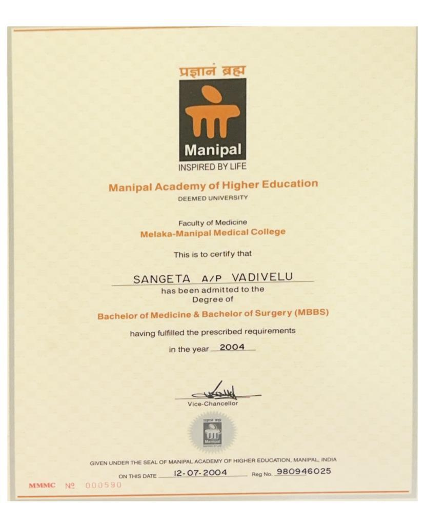 Certificate Manipal Medical Collage