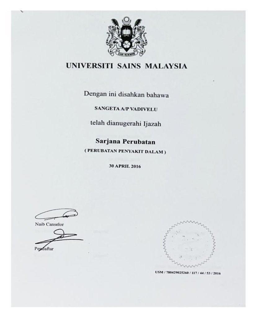 Certificate Universiti Sains Malaysia