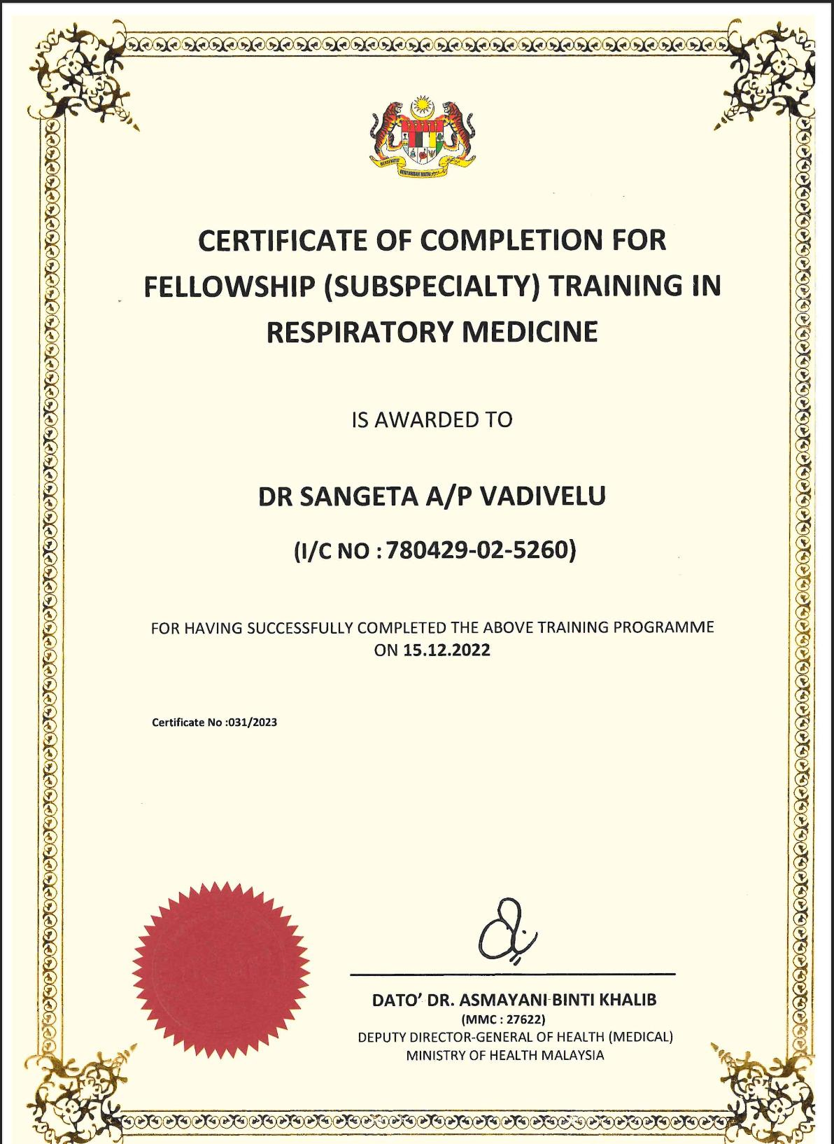 Certificate Of Completion Subspeciality In Respiratory Medicine